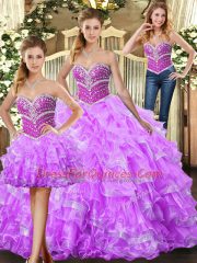 Custom Designed Lilac Three Pieces Beading and Ruffles Quince Ball Gowns Lace Up Organza Sleeveless Floor Length