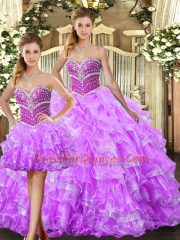 Custom Designed Lilac Three Pieces Beading and Ruffles Quince Ball Gowns Lace Up Organza Sleeveless Floor Length
