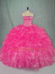 Luxury Hot Pink Ball Gowns Beading and Ruffles Quinceanera Dress Lace Up Organza Sleeveless Floor Length