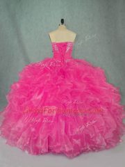 Luxury Hot Pink Ball Gowns Beading and Ruffles Quinceanera Dress Lace Up Organza Sleeveless Floor Length