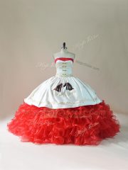 Low Price White And Red Organza Lace Up Quince Ball Gowns Sleeveless Brush Train Embroidery and Ruffles