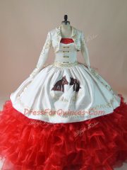 Low Price White And Red Organza Lace Up Quince Ball Gowns Sleeveless Brush Train Embroidery and Ruffles