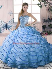 Glamorous Ball Gowns Sleeveless Blue Ball Gown Prom Dress Brush Train Lace Up