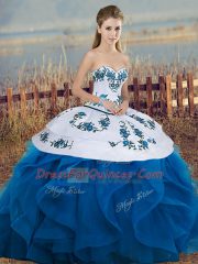 Blue And White Sleeveless Embroidery and Ruffles and Bowknot Floor Length Sweet 16 Quinceanera Dress