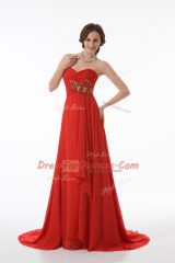 Red Sleeveless Chiffon Brush Train Zipper Prom Dresses for Prom and Party and Military Ball