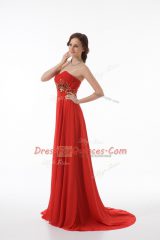 Red Sleeveless Chiffon Brush Train Zipper Prom Dresses for Prom and Party and Military Ball