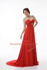 Red Sleeveless Chiffon Brush Train Zipper Prom Dresses for Prom and Party and Military Ball