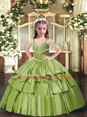 Attractive Floor Length Ball Gowns Sleeveless Olive Green Child Pageant Dress Lace Up