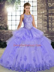 Lavender Scoop Neckline Lace and Embroidery and Ruffles Ball Gown Prom Dress Sleeveless Lace Up