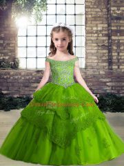 High Class Green Off The Shoulder Lace Up Beading Kids Formal Wear Sleeveless