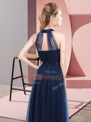 Customized Teal Empire Tulle Halter Top Sleeveless Beading and Appliques Floor Length Lace Up Dama Dress for Quinceanera