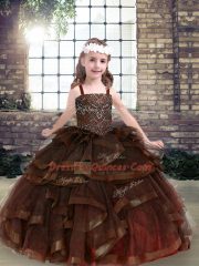 Straps Sleeveless Pageant Gowns For Girls Floor Length Beading and Ruffles Brown Tulle
