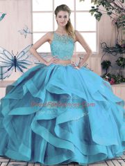 Floor Length Blue Sweet 16 Dresses Scoop Sleeveless Lace Up