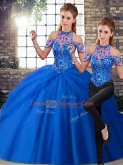 Fantastic Sleeveless Tulle Brush Train Lace Up Ball Gown Prom Dress in Blue with Beading and Pick Ups