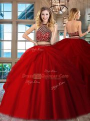 High Class Floor Length Red Quinceanera Gown Tulle Sleeveless Beading