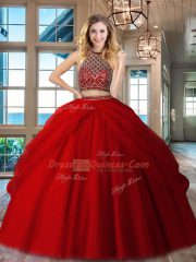 High Class Floor Length Red Quinceanera Gown Tulle Sleeveless Beading