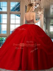 High Class Floor Length Red Quinceanera Gown Tulle Sleeveless Beading