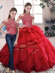 New Arrival Organza Lace Up Vestidos de Quinceanera in Red with Beading and Ruffles