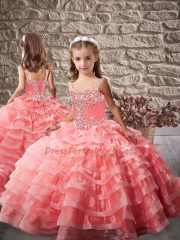 Watermelon Red Brush Train Beading and Ruffled Layers Child Pageant Dress