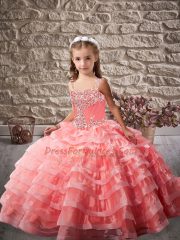 Watermelon Red Brush Train Beading and Ruffled Layers Child Pageant Dress