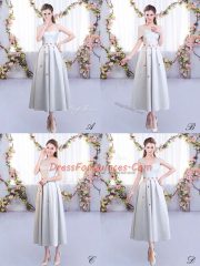 Sophisticated Straps Sleeveless Lace Up Quinceanera Court Dresses Silver Satin