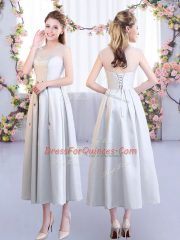 Sophisticated Straps Sleeveless Lace Up Quinceanera Court Dresses Silver Satin