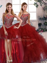 Amazing Floor Length Burgundy Vestidos de Quinceanera Scoop Sleeveless Zipper