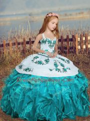 On Sale Aqua Blue Sleeveless Embroidery and Ruffles Floor Length Kids Pageant Dress