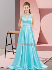 Discount Aqua Blue Prom Party Dress Elastic Woven Satin Brush Train Sleeveless Beading