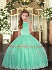 Apple Green Sleeveless Floor Length Appliques Backless Little Girl Pageant Dress