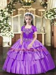 Charming Lavender Ball Gowns Beading and Ruffled Layers Pageant Gowns For Girls Lace Up Taffeta Sleeveless Floor Length