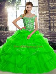 Lace Up 15th Birthday Dress Green for Military Ball and Sweet 16 and Quinceanera with Beading and Pick Ups Brush Train