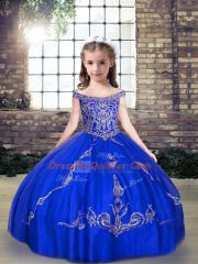 Best Tulle Off The Shoulder Sleeveless Lace Up Beading Winning Pageant Gowns in Royal Blue