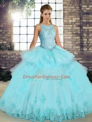 Delicate Lace and Embroidery and Ruffles 15 Quinceanera Dress Aqua Blue Lace Up Sleeveless Floor Length