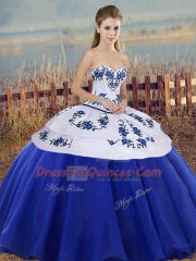 Floor Length Royal Blue Sweet 16 Dress Tulle Sleeveless Embroidery and Bowknot