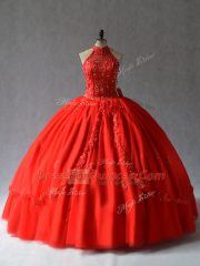 Chic Red Halter Top Neckline Appliques Vestidos de Quinceanera Sleeveless Lace Up