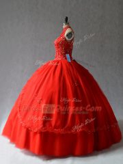 Chic Red Halter Top Neckline Appliques Vestidos de Quinceanera Sleeveless Lace Up
