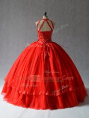 Chic Red Halter Top Neckline Appliques Vestidos de Quinceanera Sleeveless Lace Up