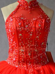 Chic Red Halter Top Neckline Appliques Vestidos de Quinceanera Sleeveless Lace Up