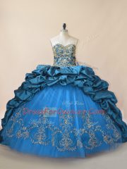 Excellent Blue Ball Gowns Taffeta Sweetheart Sleeveless Beading and Pick Ups Lace Up Sweet 16 Dress Brush Train