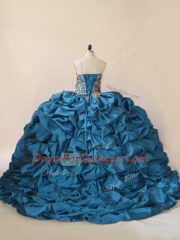 Excellent Blue Ball Gowns Taffeta Sweetheart Sleeveless Beading and Pick Ups Lace Up Sweet 16 Dress Brush Train