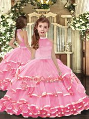 Glorious Beading and Ruffled Layers Little Girls Pageant Gowns Pink Backless Sleeveless Floor Length