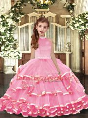Glorious Beading and Ruffled Layers Little Girls Pageant Gowns Pink Backless Sleeveless Floor Length
