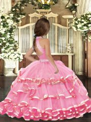 Glorious Beading and Ruffled Layers Little Girls Pageant Gowns Pink Backless Sleeveless Floor Length