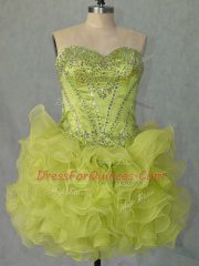 Glorious Yellow Green Ball Gowns Sweetheart Sleeveless Organza Mini Length Lace Up Beading and Ruffles Prom Party Dress