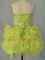 Glorious Yellow Green Ball Gowns Sweetheart Sleeveless Organza Mini Length Lace Up Beading and Ruffles Prom Party Dress
