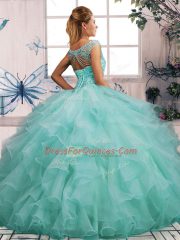 Lavender Ball Gowns Organza Off The Shoulder Sleeveless Beading and Ruffles Floor Length Lace Up 15th Birthday Dress