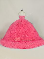 Sleeveless Court Train Beading and Ruffles Lace Up Quince Ball Gowns