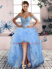 Fine Light Blue Sleeveless Tulle Lace Up Prom Dresses for Prom and Party