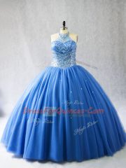 Shining Sleeveless Tulle Brush Train Lace Up Quinceanera Gowns in Blue with Beading